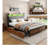 Lit 180 x 200 avec sommier, lit 2 personnes Avec Quatre Tiroirs, lit double rembourré avec LED et USB, à lattes en bois, noir