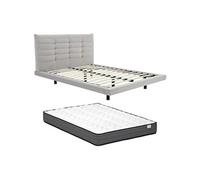Lit 180 x 200 cm avec tête de lit capitonnée - Velours - Gris + Matelas - NISATIO