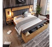 Lit 180x200 avec lampe et USB C, Lit Double 180x200 avec tête de lit et banc rangement, Lit Industriel avec sommier à lattes en métal, Cadre de lit 180x200 en bois et lin, Chêne (Sans Matelas)