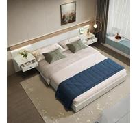 Lit 180x200 avec lattes et tête de lit,lit coffre avec 2 tables de nuit LED et prise USB,lit 2 personnes avec rangement,cadre de lit,lit double,lit capitonné,ensemble en chêne blanc(sans matelas)