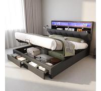 Lit 180x200 avec sommier à Lattes et LED,lit Coffre 180x200 avec tiroirs et Compartiments de Rangement,Cadre de lit 2 Personnes avec tête de lit escamotable,Double,Gris