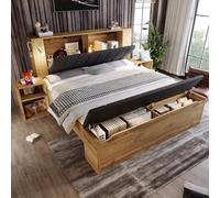 Lit 180x200 avec sommier à lattes et tête de rabattable en tissu de lin, Lit Coffre 160x200 avec 2 tables de chevet banquette de et espace rangement lampes de lecture, En bois Chêne (Sans Matelas)