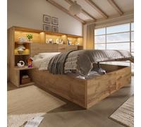 Lit 180x200 avec Sommier LED et USB C et Table de Chevet Intégrées, Lit Coffre 180x200 avec Rangement et Tete, Double Hydraulique avec à Lattes 2 Personnes, Rembourré Cadre de Bois(Sans Matelas)