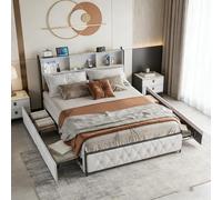 Lit 180x200 avec Sommier LED et USB, Lit Double capitonné avec 4 tiroirs et sommier à Lattes, Lits 2 places, Cadre de Lits avec tête de Lits pour Adulte Adolescent, Velours, Beige ( Beige, 180x200 cm)