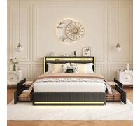 Lit 180x200 avec Sommier LED et USB, Lits Double rembourré avec 4 tiroirs, lit 2 Personnes, Lits Capitonné avec grand rangement, Lit à tiroirs pour Adultes et Adolescents (Gris Foncé, 180x200 cm)