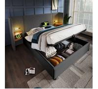 Lit 180x200 avec Sommier, Lit Coffre de Rangement pour Deux Place, Cadre de Lit Adulte,Lampe de Lecture,Table Chevet,USB-C,Lin Gris