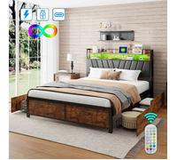 Lit 180x200 cm LUMINARIX Lit Coffre Quatre tiroirs Lit double Éclairage LED Lit rembourré USB et Type-C Structure en bois massif