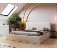 Lit 180x200 cm Morin Boucle - Lit double avec mousse épaisse - Sommier métallique & coffre de rangement inclus - Tissu bouclé (Crème - Anthologie 1)