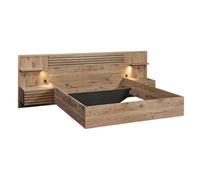 Lit 180x200cm avec tête de lit chevets suspendus et éclairage intégré aspect bois et noir - NIKITA -