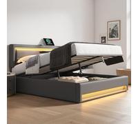 Lit 2 Personnes 140 x 200 cm avec sommier à Lattes et LED,lit capitonné avec Espace de Rangement,Lit Coffre avec Port USB,Prend en Charge Le Chargement sans Fil,sans Matelas,Gris.