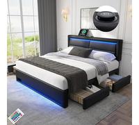 Lit 2 Personnes 160 x 200 avec Espace de Rangement et LED,Lit 160 x 200 avec sommier à lattesr,Cadre de lit Coffre avec Port USB,Prend en Charge Le Chargement sans Fil