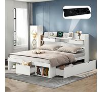 Lit 2 Personnes 180x200 avec tiroirs et USB et Espace de Rangement au Bout,lit Coffre 180x200 avec sommier et Espace de Rangement,Cadre de lit Adulte Double,Blanc