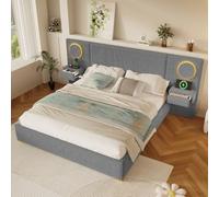 Lit 2 places 180x200,lit avec rangement,lit LED,Couchage en velours avec tête intégrée LED,ports USB et tiroirs de chevet,GRIS,avec rangements,avec tiroirs,rangements intégrés,tiroirs intégrés