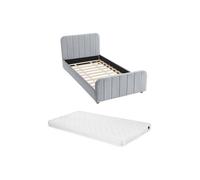 Vente-unique - Lit 90 x 190 cm - Velours avec Coutures Verticales - Gris + Matelas - ROGADI - pour Enfant