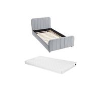 Vente-unique - Lit 90 x 190 cm - Velours avec Coutures Verticales - Gris + Matelas - ROGADI - pour Enfant