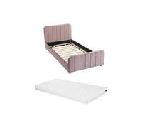 Vente-unique - Lit 90 x 190 cm - Velours avec Coutures Verticales - Rose + Matelas - ROGADI - pour Enfant