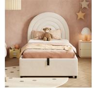 Lit 90 x 200 avec sommier et rangement, lit capitonné pour enfant avec coffre, cadre de lit simple avec à lattes bois, boucle beige