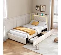 Lit 90 x 200 cm avec 2 tiroirs, lit simple, lit adolescent, coffre de rangement avec LED et colonne de charge, lit rembourré avec espace de rangement ouvert pour tête de lit, lit adulte, lit à sommier