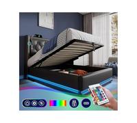 lit 90 x 200 cm, avec LED et USB de type C, rembourré, tête de lit rembourrée et espace de rangement, sommier à lattes, lit simple pour adolescent, coffre hydraulique