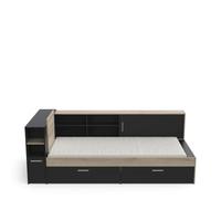 Lit 90x190/200 Industriel avec Rangement 2 Porte 6 Niches 2 tiroirs - Noir Mat & Chêne Clair 119,2 x 229,4 x 87,7 cm