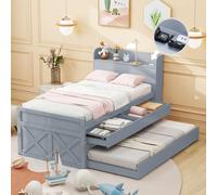 Lit 90x190 avec lit gigogne, Lit escamotable avec tiroir coulissant, Lit Enfant avec table de chevet et prise USB, Lit Simple avec sommier à lattes, Cadre de lit en pin massif Gris (Sans Matelas)