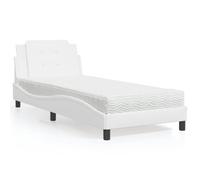 Lit 90x190 cm avec Matelas Blanc Similicuir, Cadre de Moderne avec Tête de Lit Rembourrée, Sommier à Lattes et Matelas en Mousse Confortable pour Chambre à Coucher, Dormez Mieux