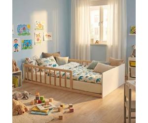 LIT 90x190 PILOU avec sommier et matelas / Blanc et Bois clair