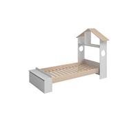 Lit 90x190cm Tête de Lit Cabane et Banc-Coffre Blanc et Naturel - SKILA -