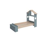 Lit 90x190cm Tête de Lit Cabane et Banc-Coffre Gris Vert et Naturel - SKILA -