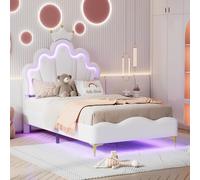 Lit 90x200 avec sommier à Lattes, Lit Enfant Fille en Forme de Couronne, Lits Princesse avec LED et tête Lits Réglabe, Cadre Lits 1 Place en Nuages pour Adolescent, Beige PU, sans Matelas