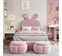 Lit 90x200 avec Sommier et Lampe Oreilles de Lapin, Lit Coffre 90×200 avec Rangement et Tete, 2 Tabourets de Rangement, Simple avec à Lattes, Capitonné Cadre 90x200, Rose