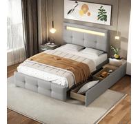 Lit 90x200 avec Sommier LED, 2 Tiroirs et Rangement - Lit Coffre avec Tête de Lit et Lattes - Simple, Rembourré, pour Enfant (Sans Matelas)