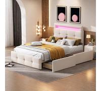 Lit 90x200 Avec Sommier LED, 2 Tiroirs et Rangement - Lit Coffre Simple à Lattes Avec Tête de Lit - Rembourré, Cadre 1 Place Pour Enfant (Sans Matelas)