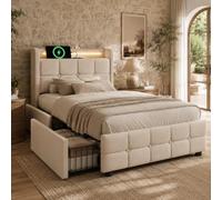 Lit 90x200 avec Sommier LED et USB, Lit Coffre avec Rangement 2 Tiroirs et Tete, Simple avec à Lattes 1 Place, Rembourré Cadre de lit 90x200(sans Matelas)