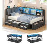 lit 90x200 avec sommier, Lits Banquette 1 Place 90x200 Métal ,Lit à Rangement Triple avec 7 Tiroirs, Coffre, Dossier Inclinable 105°, LED RGB +USB/Type-C, Idéal Studio, Chambre Étudiant & Enfant