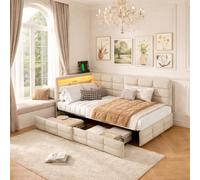 Lit 90x200 avec tiroirs et Espace de Rangement, Lit rembourré en L avecLampe LED et USB, canapé-lit Moderne avec sommier à Lattes, sans Matelas (Beige I, 90 * 200)