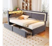 Lit 90x200 cm avec 2 Grands Tiroirs - Canapé Lit Convertible avec LED et USB, Rangement Tête de Lit, Velours Gris