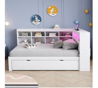 Lit 90x200 cm Canapé avec lit gigogne avec prise USB et éclairage LED Avec étagères et compartiments de rangement Blanc