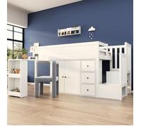 Lit 90x200 cm Combine Mezzanine enfant Avec bureau coulissant rangement latéral armoire tiroirs - Blanc