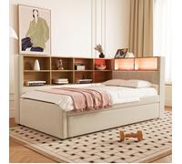 Lit 90x200 cm en flanelle beige avec lit gigogne 90x190, éclairage LED et rangements intégrés - Multifonction