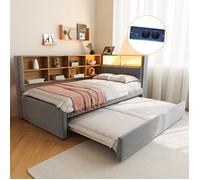 Lit 90x200 cm en flanelle gris foncé avec lit gigogne 90x190 cm, led et rangements - Style moderne
