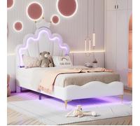 Lit 90x200 cm en PU blanc avec tête en forme de nuage couronnée et éclairage LED multicolore - Design contemporain ajustable