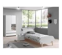 BODHI WHITE - Lit 90x200cm + Chevet + Armoire 2 Portes -