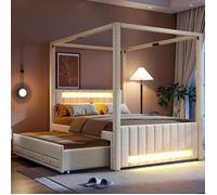 Lit à baldaquin 140 x 200 cm avec lit gigogne extensible, 3 tiroirs de rangement et LED 7 couleurs, beige