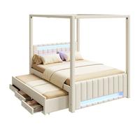 Lit à Baldaquin 140x200 cm - EVRYAE avec Lit Gigogne, 3 Tiroirs, LED et Structure Rembourrée, sans Matelas - Beige