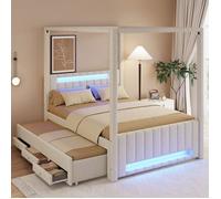 Lit à baldaquin capitonné beige avec lit gigogne, LED et 3 tiroirs