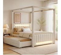 Lit à Baldaquin Double 140×200 cm Gigogne, 3 Tiroirs et LED - HAVRYA - Sans Matelas, Lin et Bois Beige