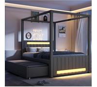 Lit à Baldaquin Double 140×200 cm - MIVRAY - lit gigogne, 3 tiroirs, LED réglable, sans matelas, gris
