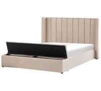 Lit à Eau Double avec Tête Rayée Haute Banc de Rangement 180x200cm Velours Beige