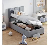 Lit à sommier tapissier 90 x 200 cm, lit simple, rembourré, avec sommier à lattes, barreaux hydrauliques, hauteur de tête de lit réglable, avec espace de rangement, lit pour adolescent, lit d'enfant